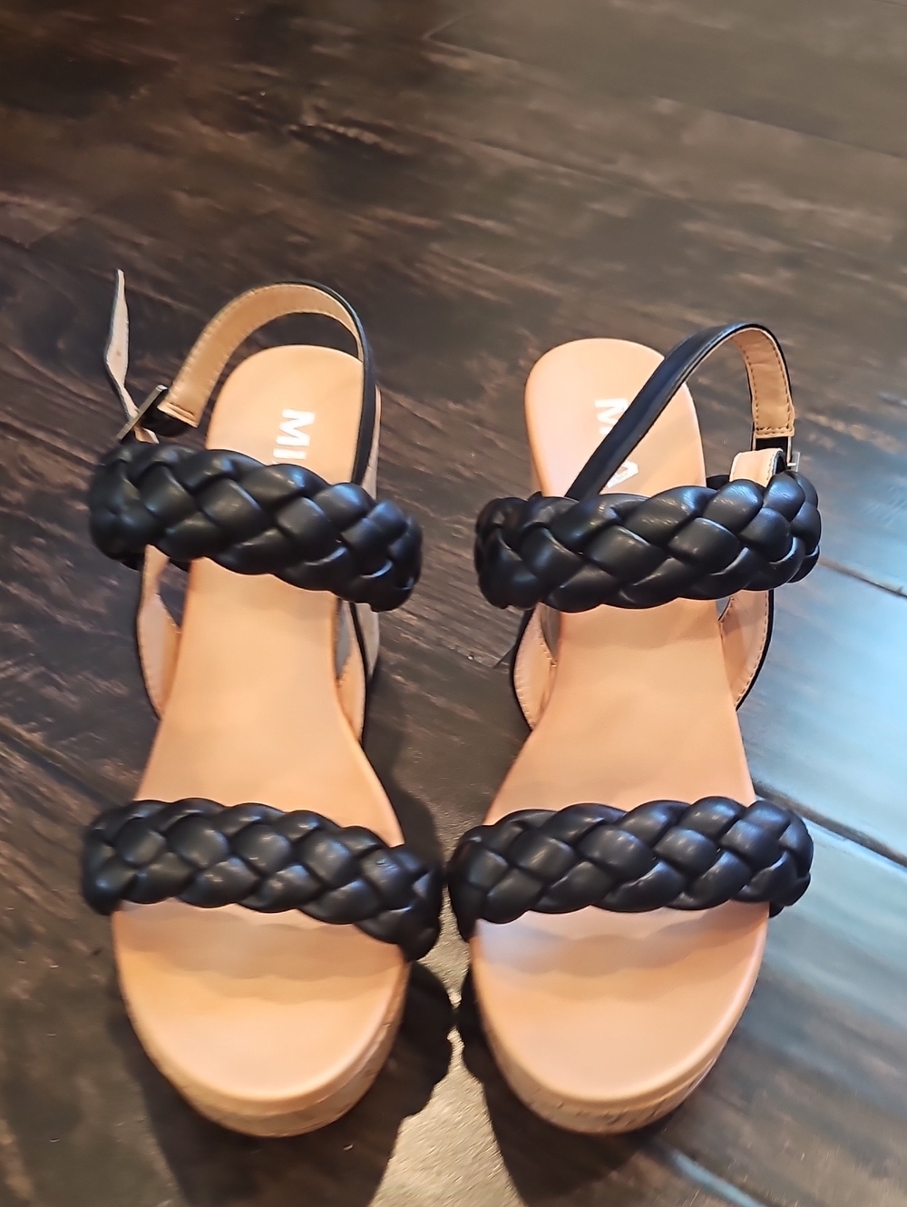 MIA Black Braided-Strap Wedge Sandals